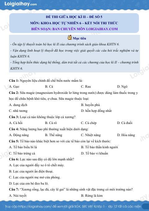 Đề thi giữa kì 2 KHTN 6 Kết nối tri thức - Đề số 5